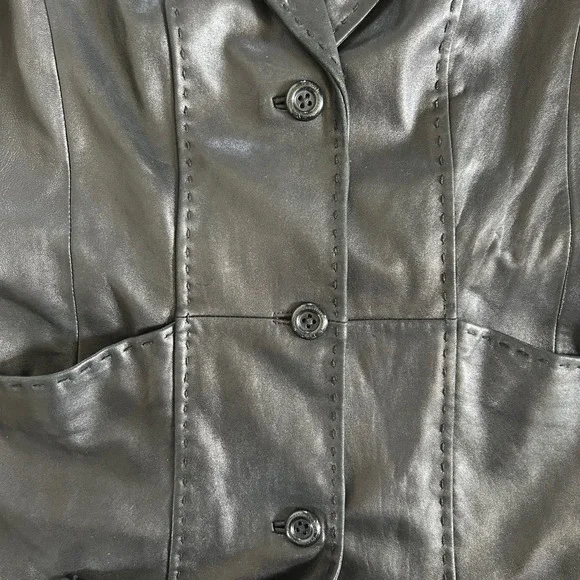Vintage Preston & York Black Soft Leather‎ Long Trench Jacket Women's Medium - Picture 6 of 7